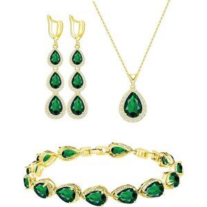 Jewelry Set Women's Gold Plated Emerald Sapphire Necklace Earrings Bracelets
